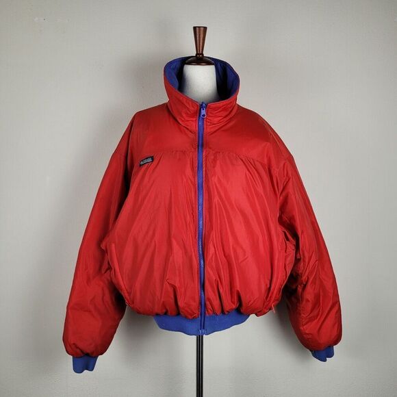 Columbia Jacket Mens XL Red Blue Color Block VTG Bomber Retro Reversible Quilted - Picture 1 of 13